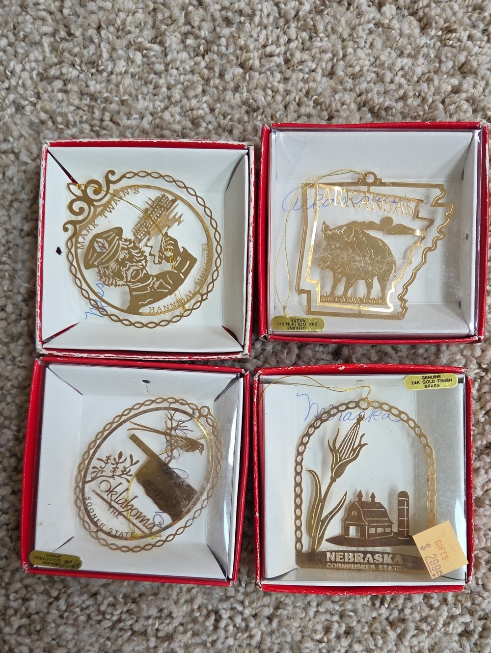 Set of Four Vintage 24K Gold-finished Brass State-themed Christmas ornaments